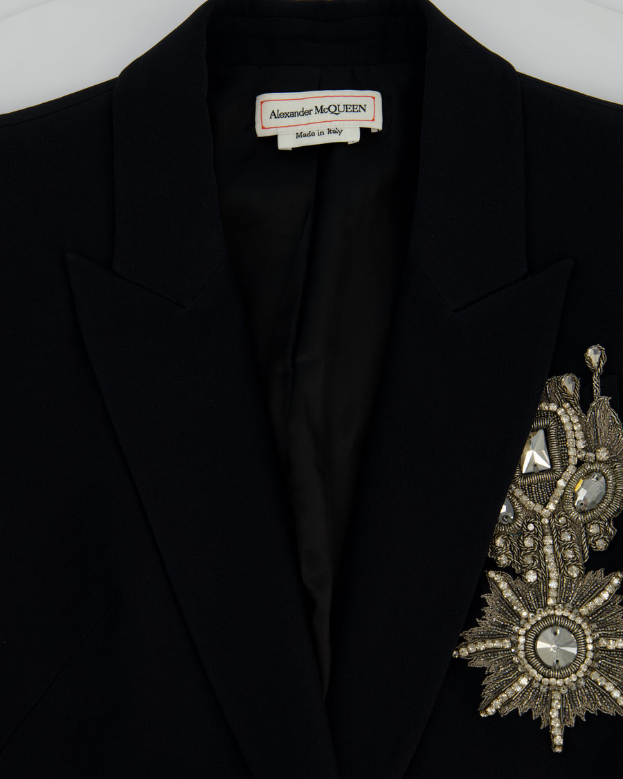 Alexander McQueen Black Tailored Blazer Jacket and Matching Trousers Set with Metallic Embroidery Detail Size IT 36 (UK 4)