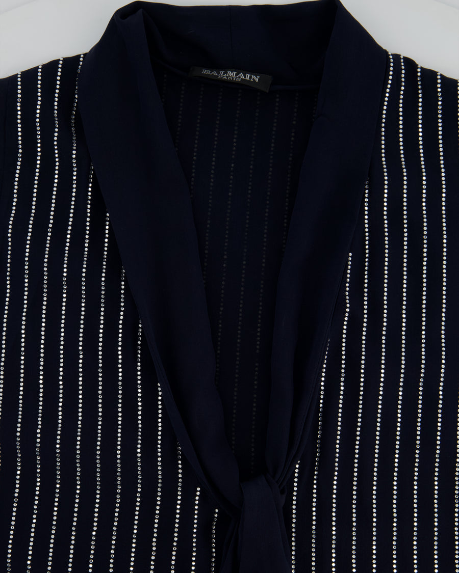 Balmain Navy Sleeveless Shirt Blouse With Crystal Pinstripes and Tie-Up Bow Detail Size 38 (UK 10)