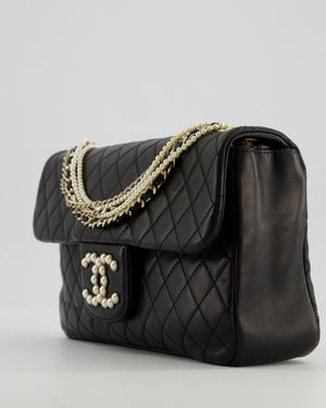 Chanel Black Medium Westminster Pearl Coco Single Flap Bag in Lambskin Leather with Champagne Gold & Pearl Chain and CC Lock Details