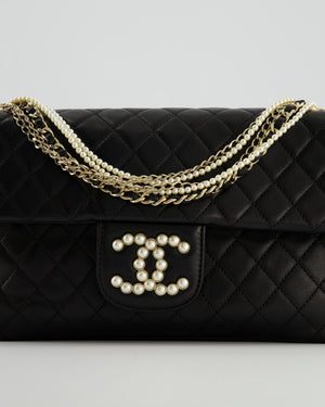 Chanel Black Medium Westminster Pearl Coco Single Flap Bag in Lambskin Leather with Champagne Gold & Pearl Chain and CC Lock Details