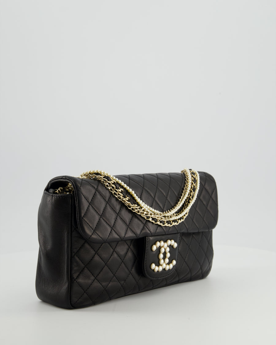 Chanel Black Medium Westminster Pearl Coco Single Flap Bag in Lambskin Leather with Champagne Gold & Pearl Chain and CC Lock Details