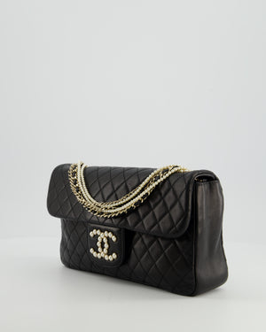 Chanel Black Medium Westminster Pearl Coco Single Flap Bag in Lambskin Leather with Champagne Gold & Pearl Chain and CC Lock Details