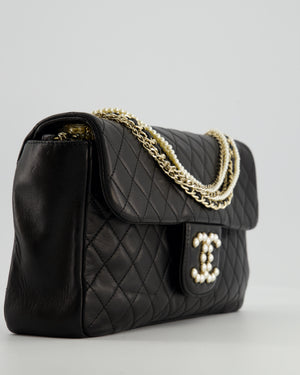 Chanel Black Medium Westminster Pearl Coco Single Flap Bag in Lambskin Leather with Champagne Gold & Pearl Chain and CC Lock Details