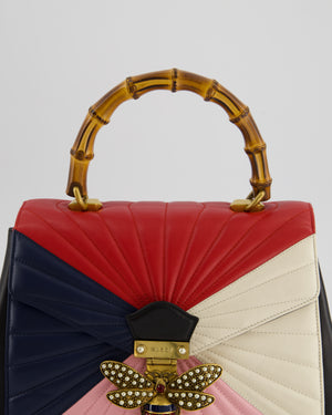 Gucci Black, Navy, Red, Pink & Cream Queen Margaret Matelasse Bamboo Top Handle Bag with Gold Hardware and Embellished Bee Detail