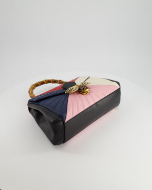 Gucci Black, Navy, Red, Pink & Cream Queen Margaret Matelasse Bamboo Top Handle Bag with Gold Hardware and Embellished Bee Detail