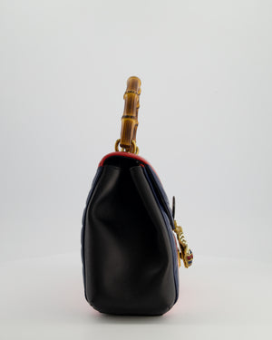 Gucci Black, Navy, Red, Pink & Cream Queen Margaret Matelasse Bamboo Top Handle Bag with Gold Hardware and Embellished Bee Detail