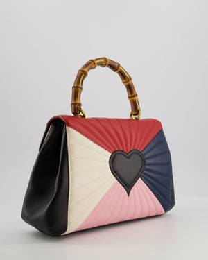 Gucci Black, Navy, Red, Pink & Cream Queen Margaret Matelasse Bamboo Top Handle Bag with Gold Hardware and Embellished Bee Detail