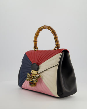 Gucci Black, Navy, Red, Pink & Cream Queen Margaret Matelasse Bamboo Top Handle Bag with Gold Hardware and Embellished Bee Detail