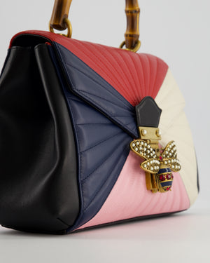 Gucci Black, Navy, Red, Pink & Cream Queen Margaret Matelasse Bamboo Top Handle Bag with Gold Hardware and Embellished Bee Detail