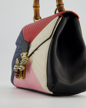 Gucci Black, Navy, Red, Pink & Cream Queen Margaret Matelasse Bamboo Top Handle Bag with Gold Hardware and Embellished Bee Detail