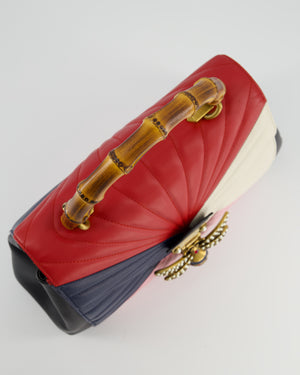 Gucci Black, Navy, Red, Pink & Cream Queen Margaret Matelasse Bamboo Top Handle Bag with Gold Hardware and Embellished Bee Detail