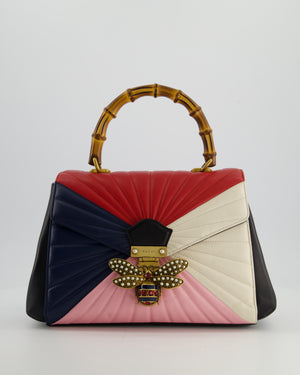 Gucci Black, Navy, Red, Pink & Cream Queen Margaret Matelasse Bamboo Top Handle Bag with Gold Hardware and Embellished Bee Detail