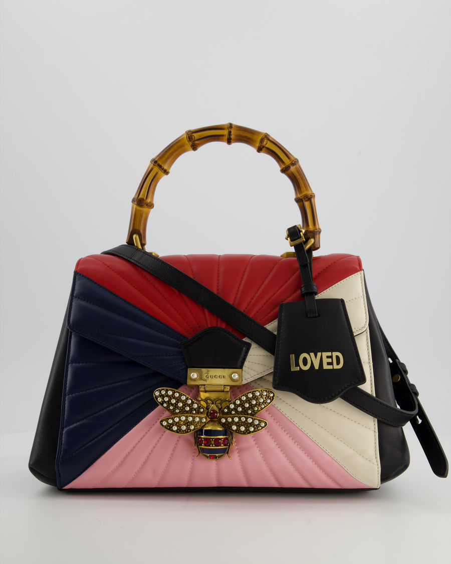 Gucci Black, Navy, Red, Pink & Cream Queen Margaret Matelasse Bamboo Top Handle Bag with Gold Hardware and Embellished Bee Detail