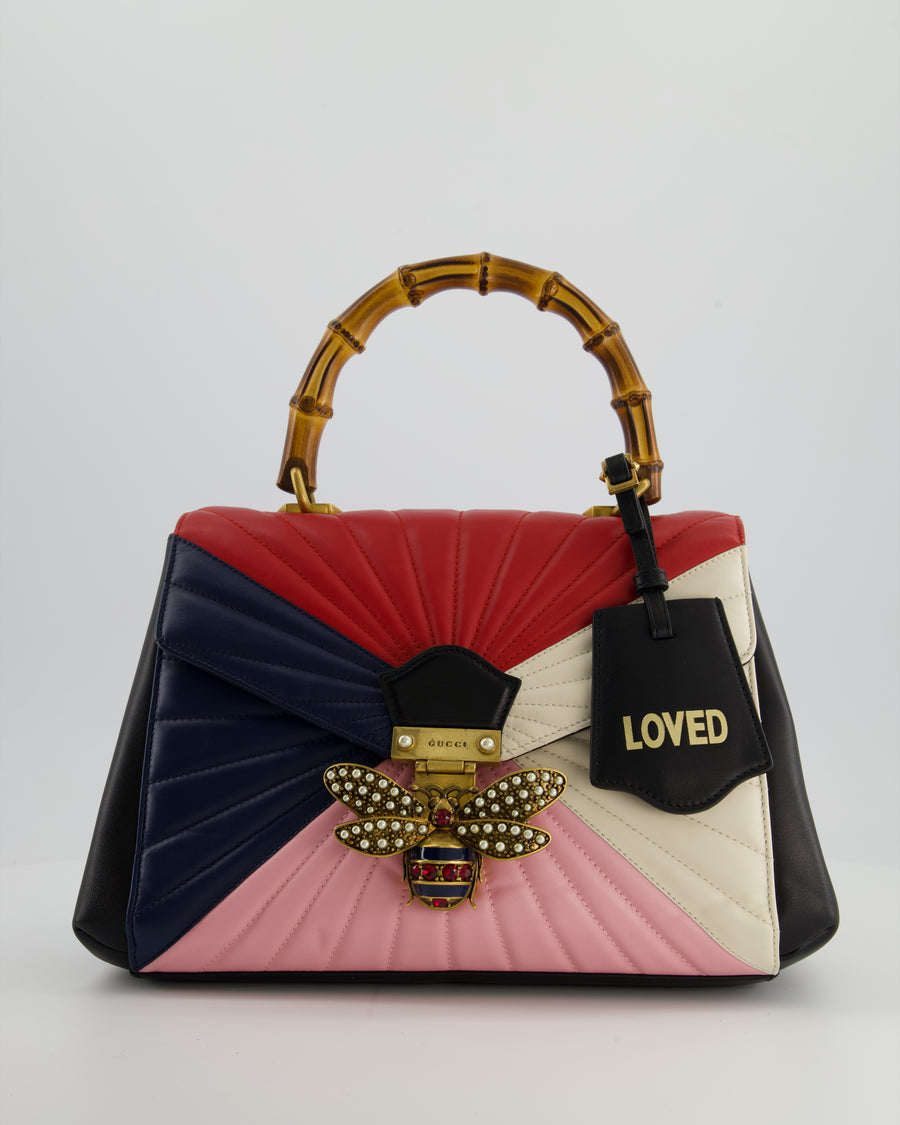 Gucci Black, Navy, Red, Pink & Cream Queen Margaret Matelasse Bamboo Top Handle Bag with Gold Hardware and Embellished Bee Detail