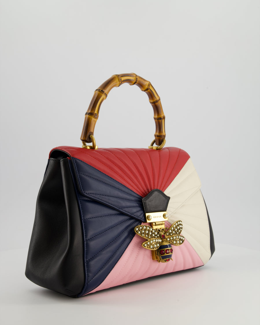 Gucci Black, Navy, Red, Pink & Cream Queen Margaret Matelasse Bamboo Top Handle Bag with Gold Hardware and Embellished Bee Detail