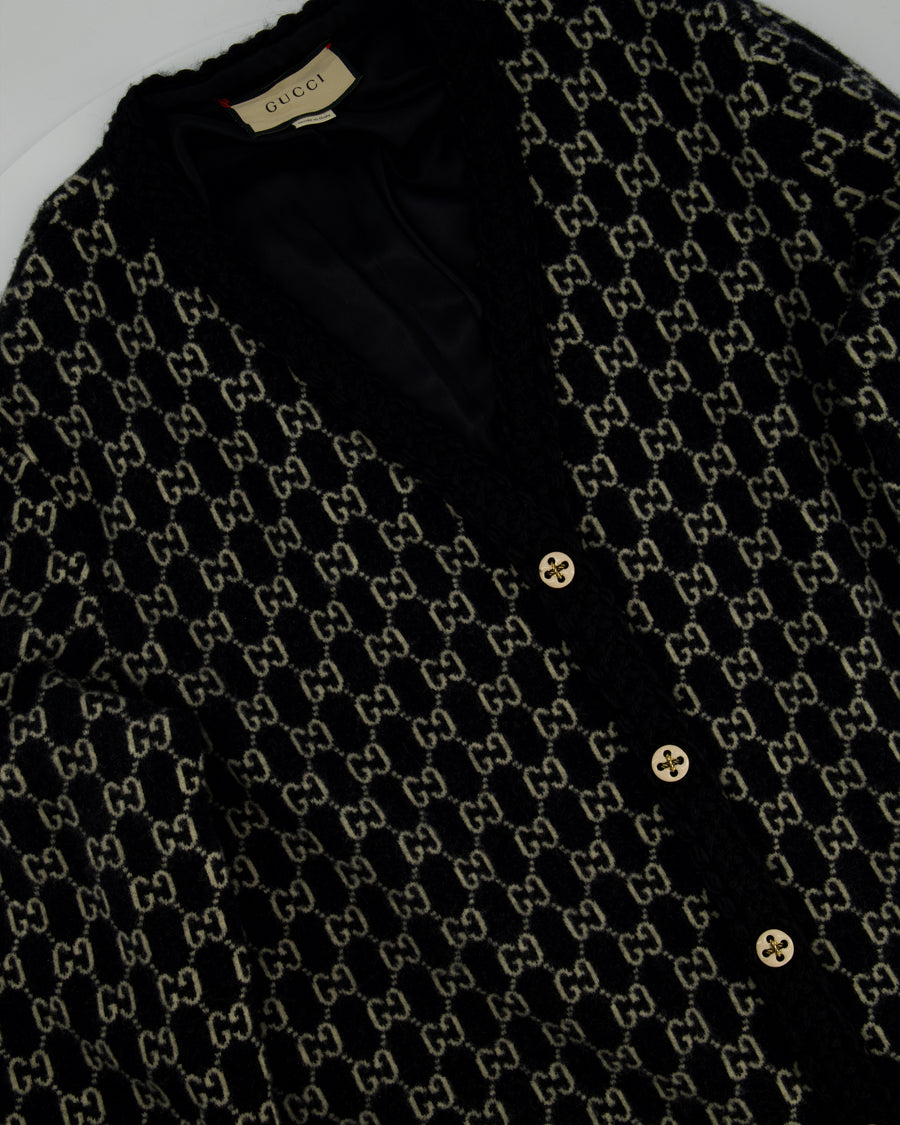 Gucci Black & White GG Supreme Wool Cardigan with Black Braided Trim & Cream Enamel Button Details Size XL (UK 16)