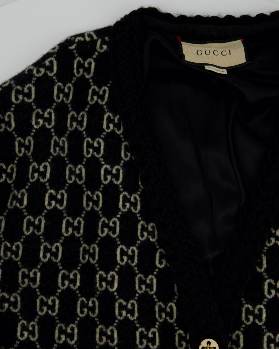Gucci Black & White GG Supreme Wool Cardigan with Black Braided Trim & Cream Enamel Button Details Size XL (UK 16)