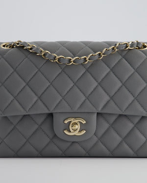 Chanel Stone Grey Medium Double Flap Bag in Caviar Leather with Champagne Gold Hardware