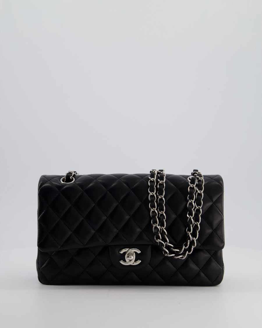Chanel Black Classic Medium Double Flap Bag in Lambskin Leather with Silver Hardware