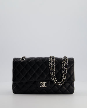 Chanel Black Classic Medium Double Flap Bag in Lambskin Leather with Silver Hardware