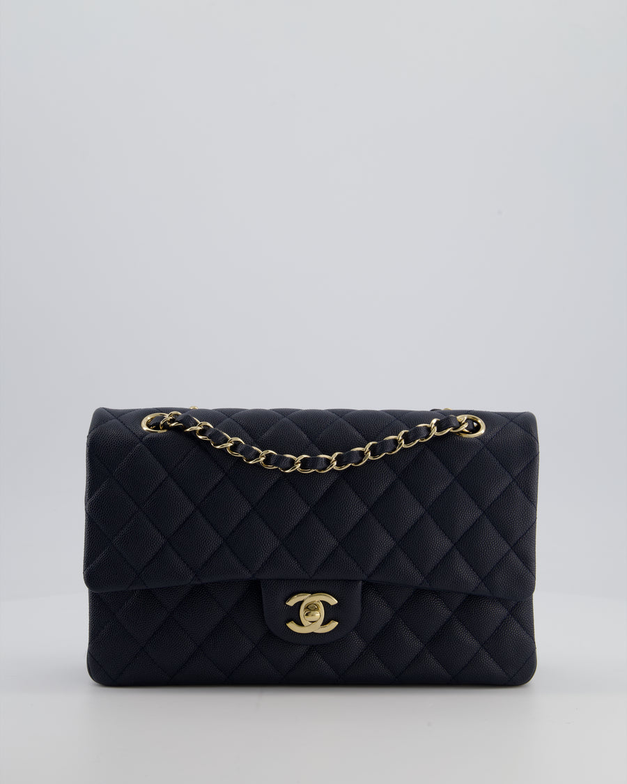 Chanel Navy Classic Medium Double Flap Bag in Caviar Leather with Champagne Gold Hardware