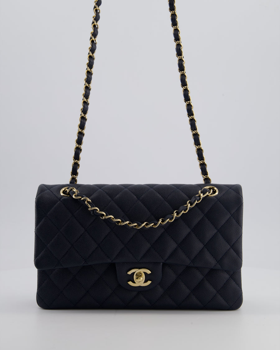 Chanel Navy Classic Medium Double Flap Bag in Caviar Leather with Champagne Gold Hardware