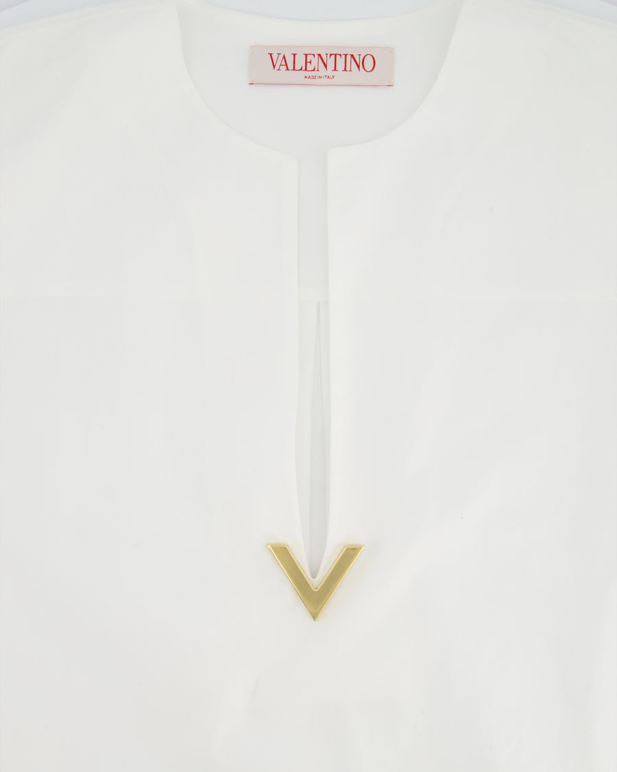 Valentino White V-Neck Logo Plaque Cotton Poplin Shirt Size IT 36 (UK 4)