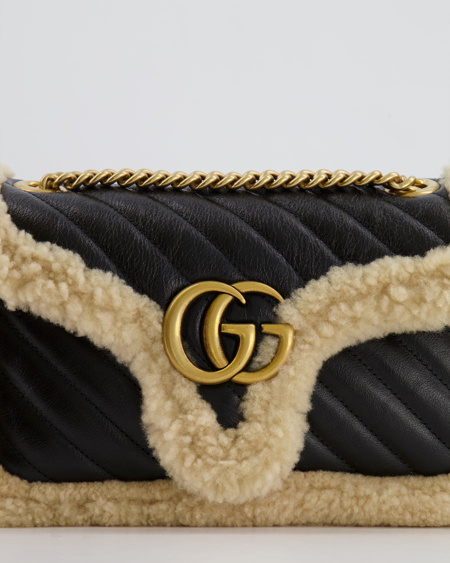 Gucci Black and Beige Shearling GG Marmont Medium Bag with Antique Gold Hardware RRP £2,400