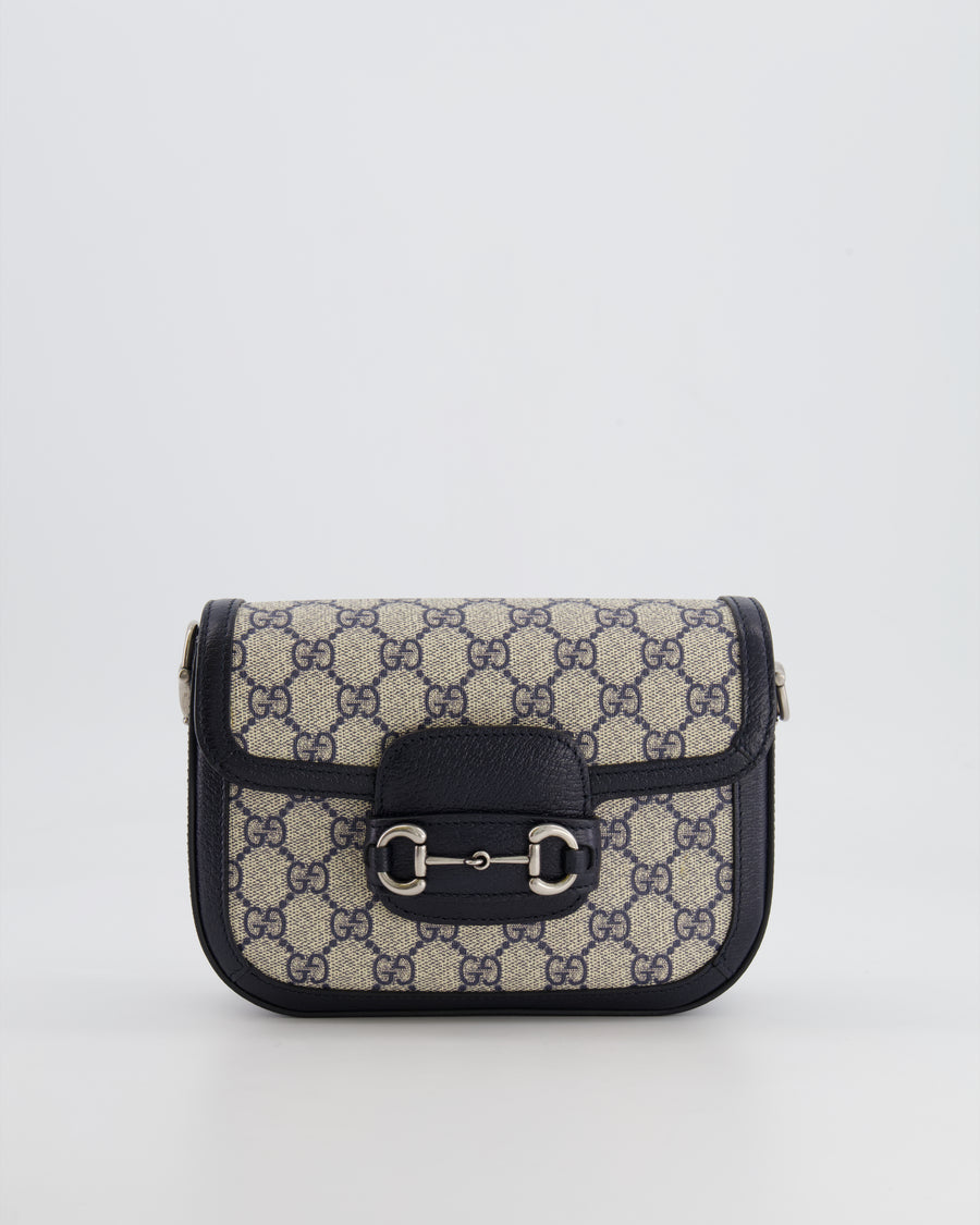Gucci Beige and Navy GG Horsebit Small Shoulder Bag with Silver Hardware and Canvas Strap RRP £2,400