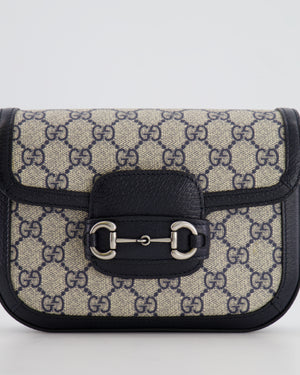 Gucci Beige and Navy GG Horsebit Small Shoulder Bag with Silver Hardware and Canvas Strap RRP £2,400