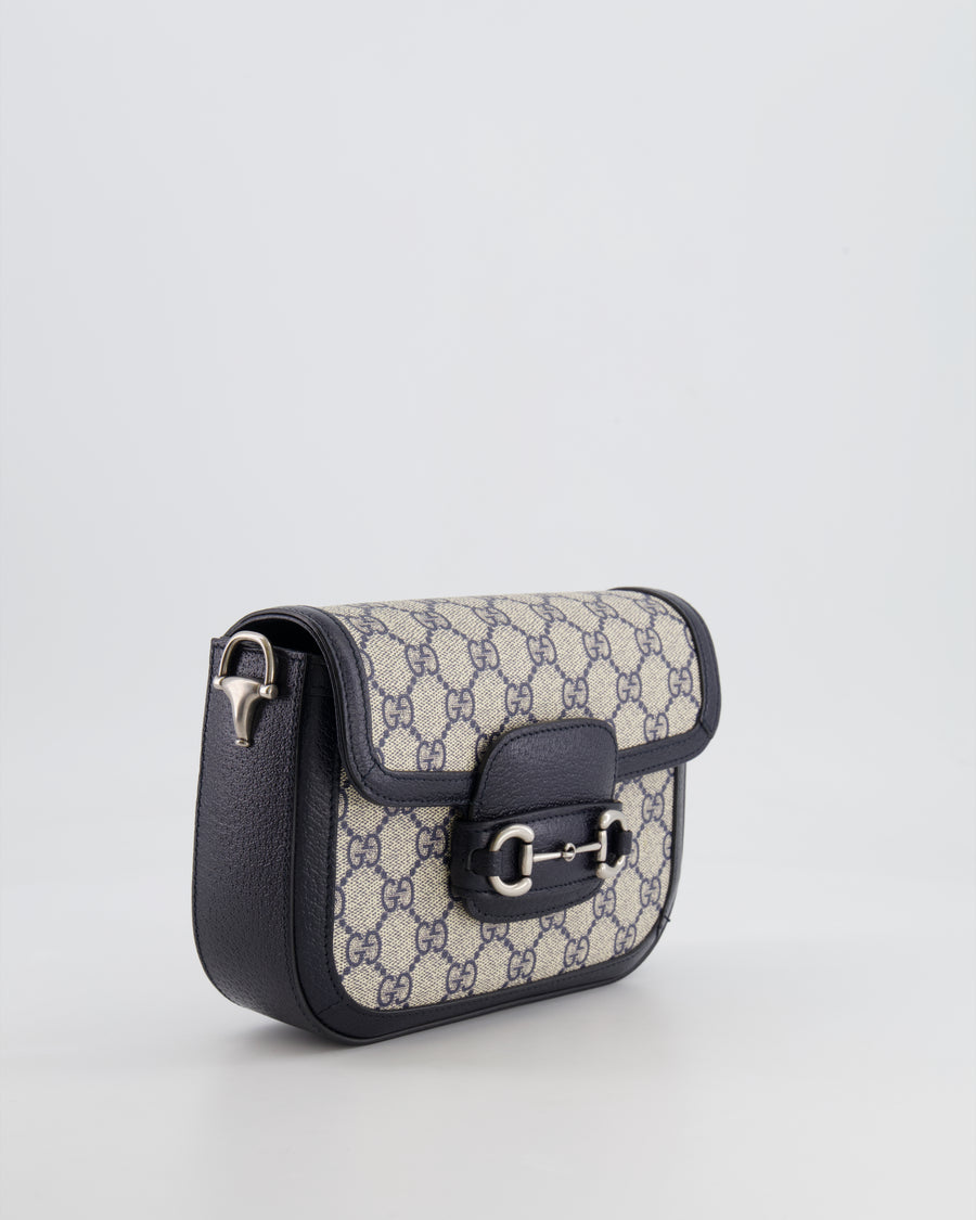 Gucci Beige and Navy GG Horsebit Small Shoulder Bag with Silver Hardware and Canvas Strap RRP £2,400