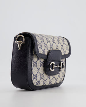 Gucci Beige and Navy GG Horsebit Small Shoulder Bag with Silver Hardware and Canvas Strap RRP £2,400