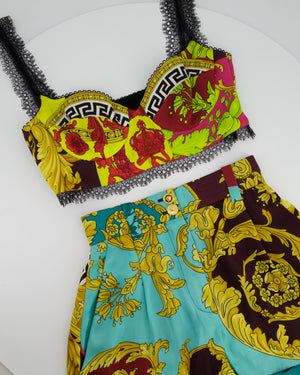 Versace Yellow, Black, Brown Medusa Pattern Bustier and Shorts Set with Lace & Gold Button Details Size IT 36/40 (UK 4/8)