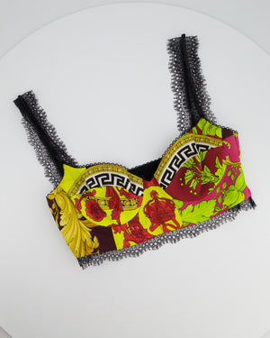 Versace Yellow, Black, Brown Medusa Pattern Bustier and Shorts Set with Lace & Gold Button Details Size IT 36/40 (UK 4/8)