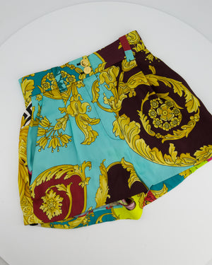 Versace Yellow, Black, Brown Medusa Pattern Bustier and Shorts Set with Lace & Gold Button Details Size IT 36/40 (UK 4/8)