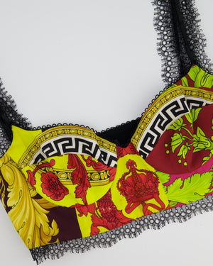 Versace Yellow, Black, Brown Medusa Pattern Bustier and Shorts Set with Lace & Gold Button Details Size IT 36/40 (UK 4/8)