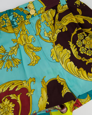 Versace Yellow, Black, Brown Medusa Pattern Bustier and Shorts Set with Lace & Gold Button Details Size IT 36/40 (UK 4/8)