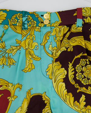 Versace Yellow, Black, Brown Medusa Pattern Bustier and Shorts Set with Lace & Gold Button Details Size IT 36/40 (UK 4/8)