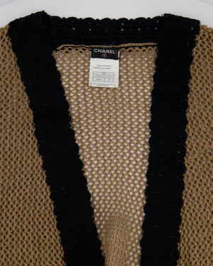 Chanel 03/P Brown Crochet Knitted Long Line Cardigan with Black Trim Detail Size FR 40 (UK 12)