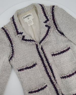 Chanel 08P Light Grey Tweed Jacket with Contrast Navy and Red Tweed Trim with CC Detail Buttons On The Cuff Size FR 38 (UK 10)