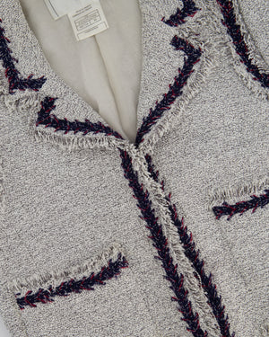 Chanel 08P Light Grey Tweed Jacket with Contrast Navy and Red Tweed Trim with CC Detail Buttons On The Cuff Size FR 38 (UK 10)