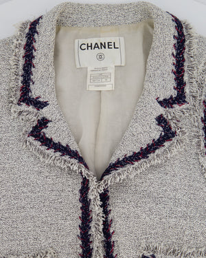 Chanel 08P Light Grey Tweed Jacket with Contrast Navy and Red Tweed Trim with CC Detail Buttons On The Cuff Size FR 38 (UK 10)