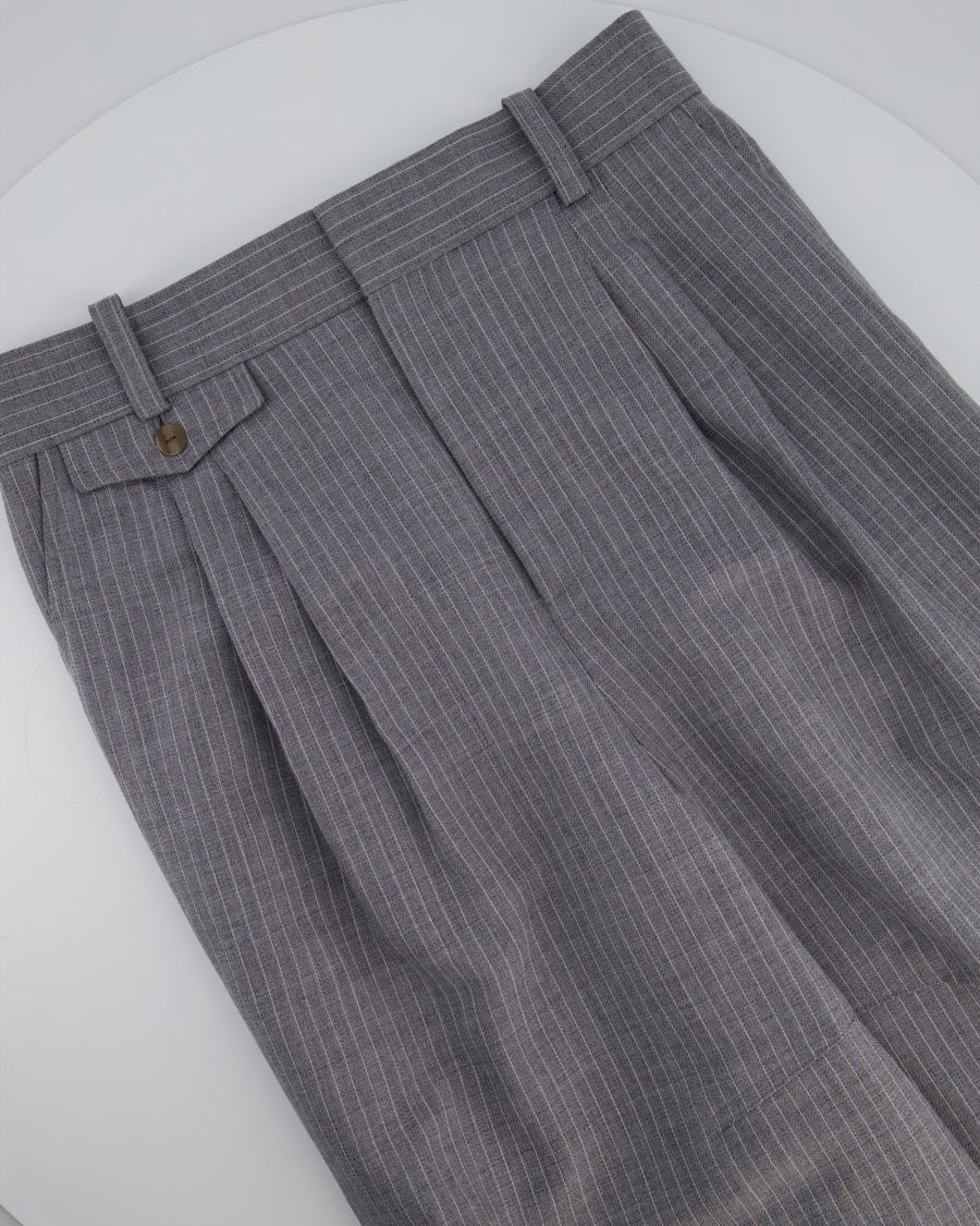 Loewe Grey Pinstripe Wool Balloon Trousers with Buttoned Ankle Cuffs Size FR 42 (UK 14)