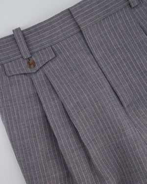 Loewe Grey Pinstripe Wool Balloon Trousers with Buttoned Ankle Cuffs Size FR 42 (UK 14)