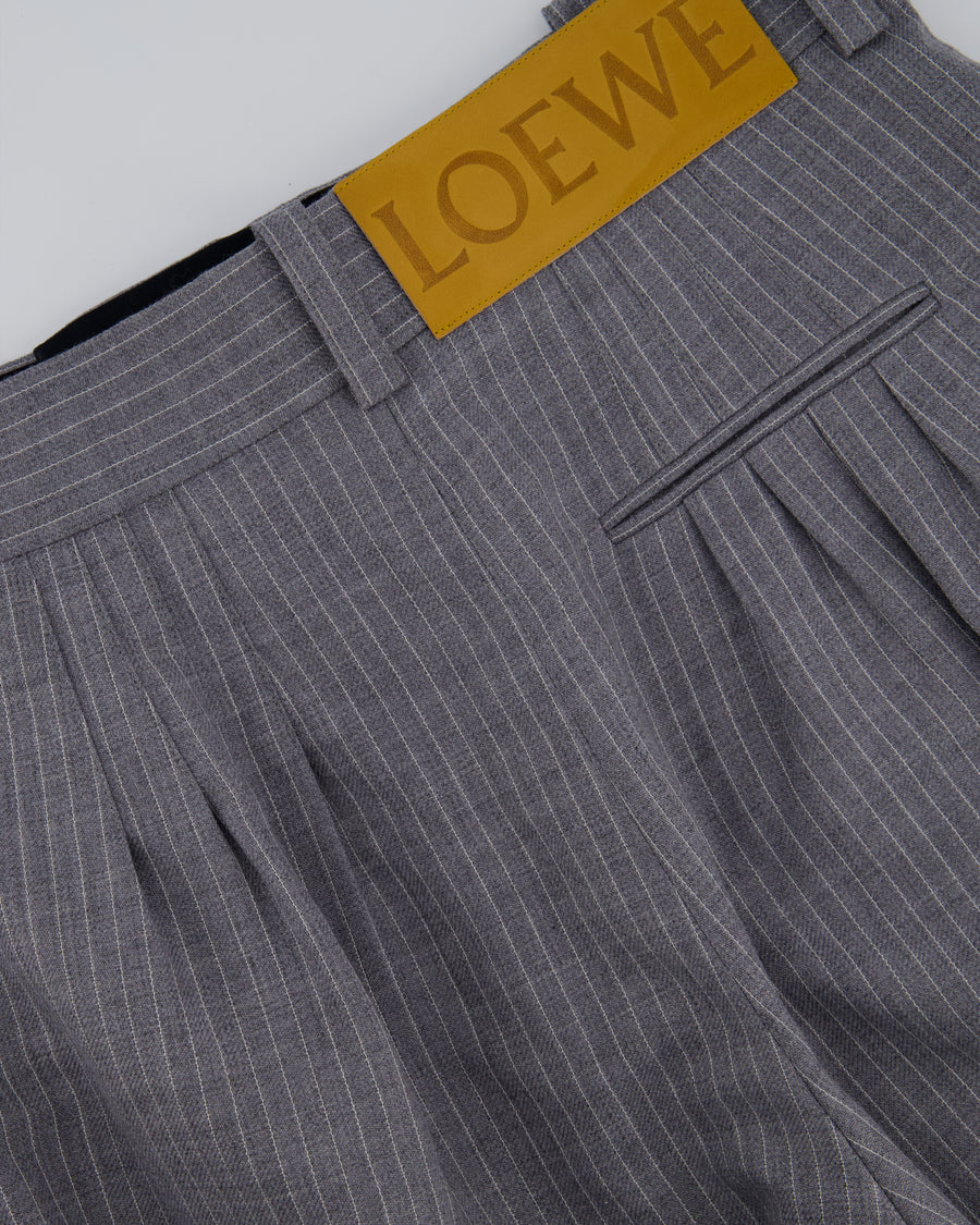 Loewe Grey Pinstripe Wool Balloon Trousers with Buttoned Ankle Cuffs Size FR 42 (UK 14)