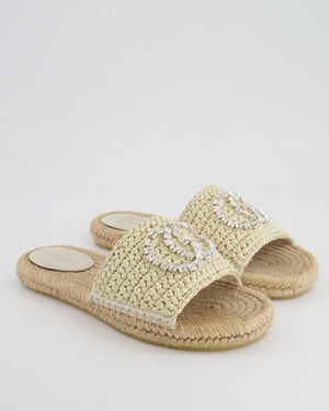 Gucci Beige Raffia Slides with Crystal GG Logo Size EU 38