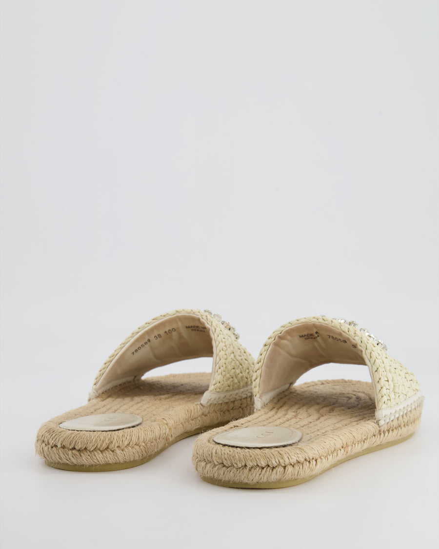 Gucci Beige Raffia Slides with Crystal GG Logo Size EU 38