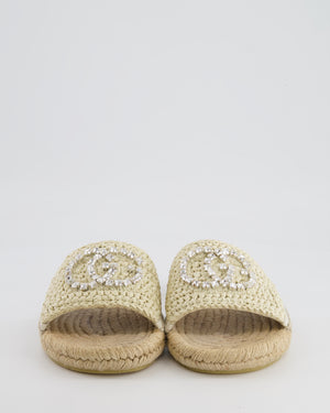 Gucci Beige Raffia Slides with Crystal GG Logo Size EU 38