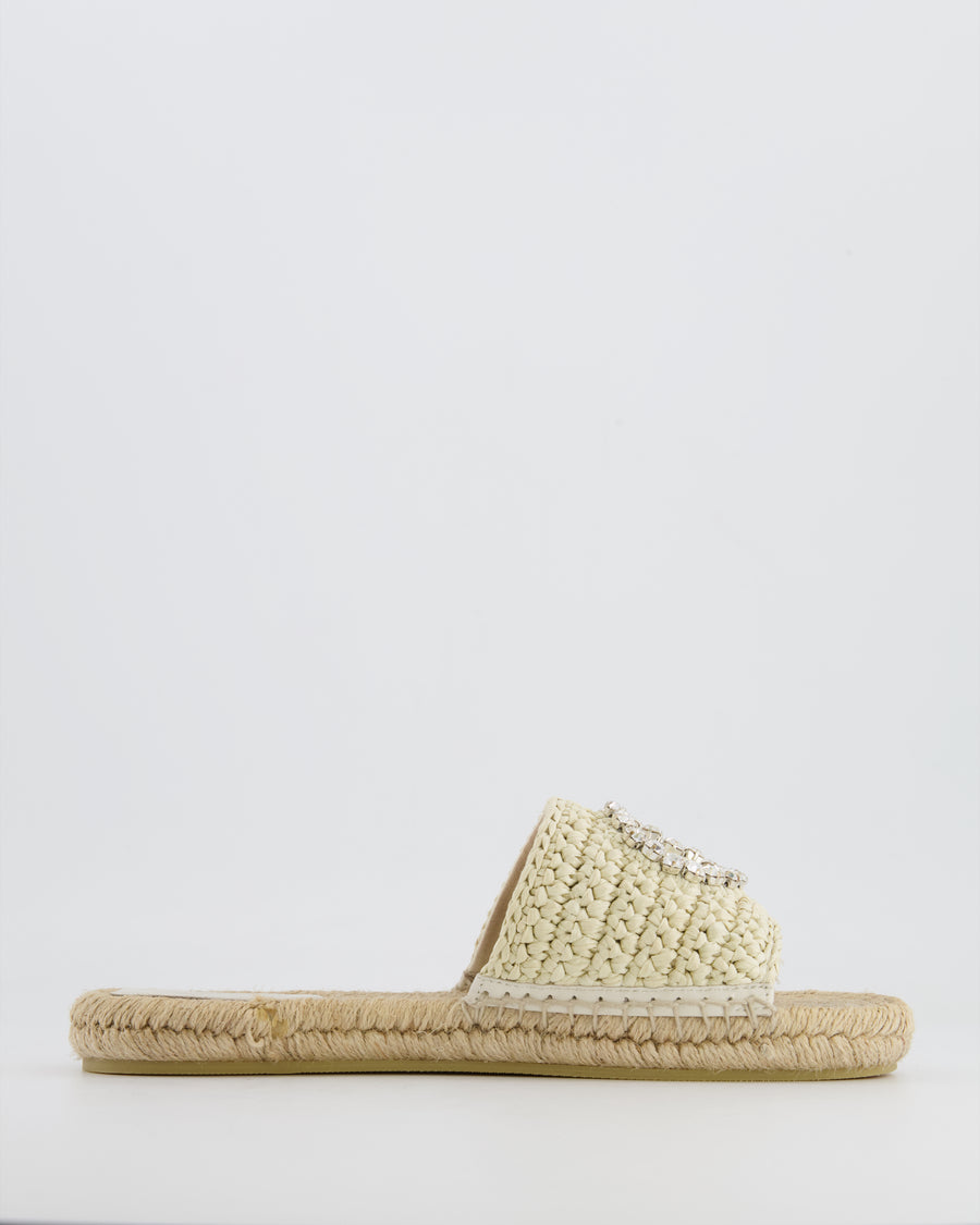 Gucci Beige Raffia Slides with Crystal GG Logo Size EU 38