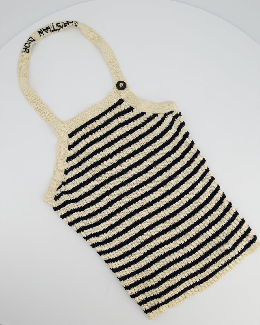 Christian Dior Ecru & Navy Striped Knit Halter Neck Top With Button Detail Size FR 36 (UK 8)